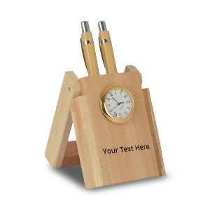 Customized Wooden Pen Stand with Analog Watch and 2 Pens