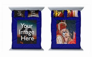 Blue Customized Photo Printed Double Bed Sheet with 2 Pillow Covers