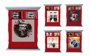 Wedding Design Customized Photo Printed Double Bed Sheet with 2 Pillow Covers - Maroon