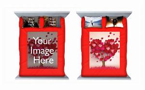 Red Customized Photo Printed Double Bed Sheet with 2 Pillow Covers
