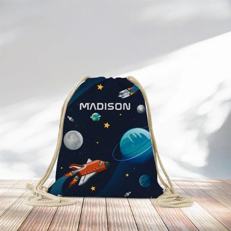 Outer Space Planets Shuttle Pattern Customized Full Print Canvas Drawstring Bag for Men & Women