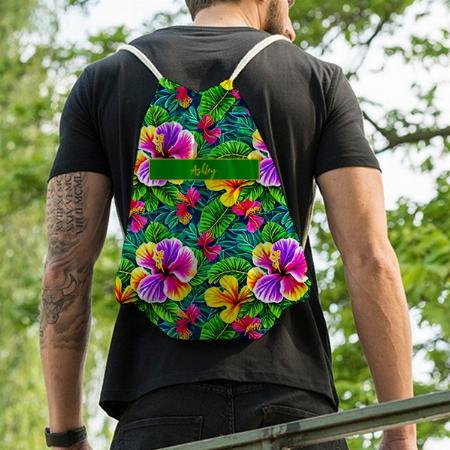 Tropical Hibiscus Flower Jungle Leaf Customized Full Print Canvas Drawstring Bag for Men & Women