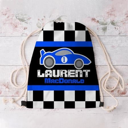 Racing Car Graphic Blue Flag Kids Customized Full Print Canvas Drawstring Bag for Men & Women