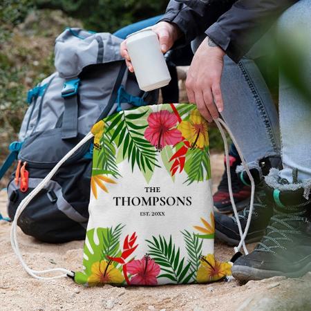 Tropical Leaves and Flowers Customized Full Print Canvas Drawstring Bag for Men & Women