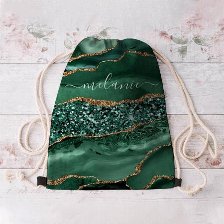 Agate Green Gold Glitter Customized Full Print Canvas Drawstring Bag for Men & Women