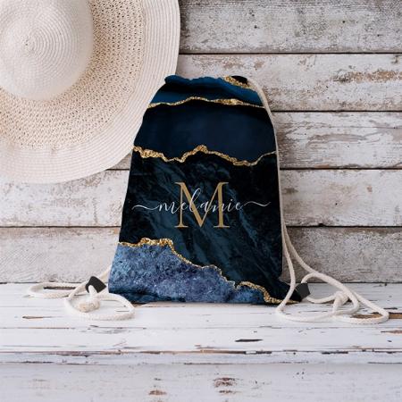 Navy Blue Gold Marble Customized Full Print Canvas Drawstring Bag for Men & Women