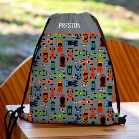 Sporty Colorful Racing Cars Customized Full Print Canvas Drawstring Bag for Men & Women