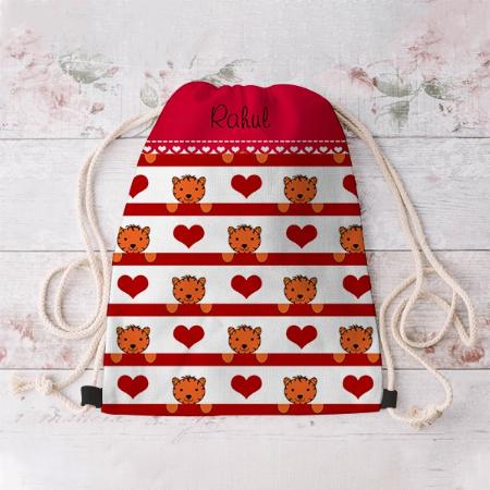 Tigers Red Hearts Stripes Customized Full Print Canvas Drawstring Bag for Men & Women