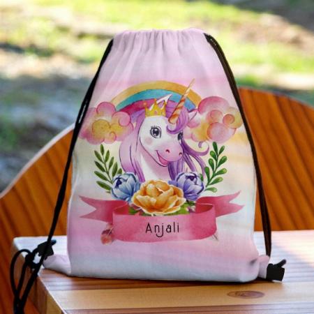 Girls Cute Purple Unicorn Rainbow Customized Full Print Canvas Drawstring Bag for Men & Women