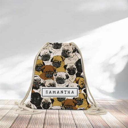 Cute Pugs Pattern Design Customized Full Print Canvas Drawstring Bag for Men & Women