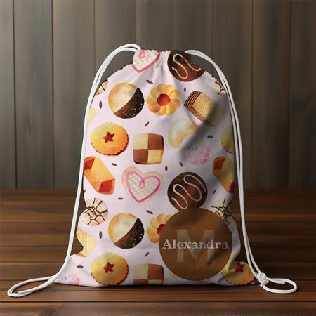 Cute Pink Cookies Pattern Customized Full Print Canvas Drawstring Bag for Men & Women