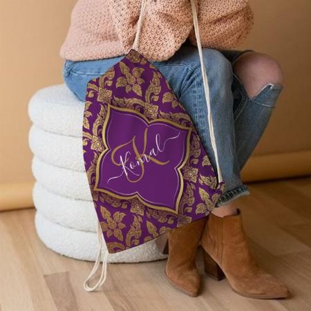 Royal Purple Gold Damask Pattern Fleur Monogram Customized Full Print Canvas Drawstring Bag for Men & Women