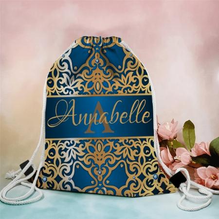 Ornate Vintage Shiny Gold And Blue Customized Full Print Canvas Drawstring Bag for Men & Women