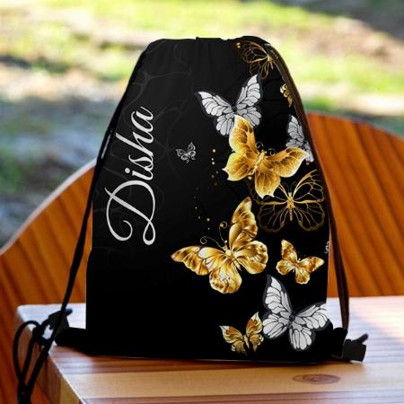 Gold and White Butterflies Customized Full Print Canvas Drawstring Bag for Men & Women