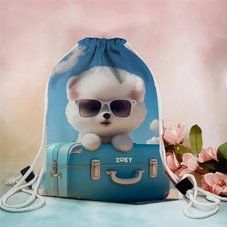 Cute White Dog Travel Suitcase Customized Full Print Canvas Drawstring Bag for Men & Women