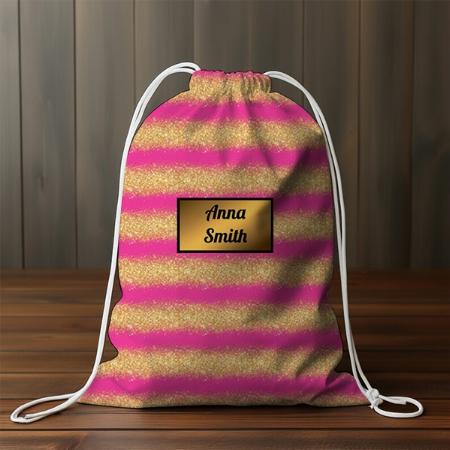 Luxury Pink Monogrammed Gold Glitter Customized Full Print Canvas Drawstring Bag for Men & Women
