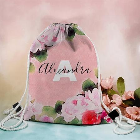 Beautiful Artistic Watercolor Pink Roses Customized Full Print Canvas Drawstring Bag for Men & Women