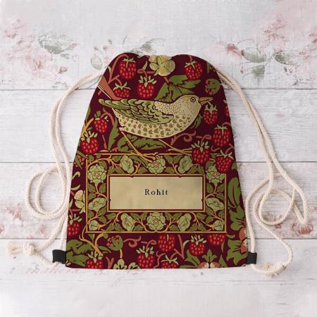 Birds Strawberry Design Customized Full Print Canvas Drawstring Bag for Men & Women