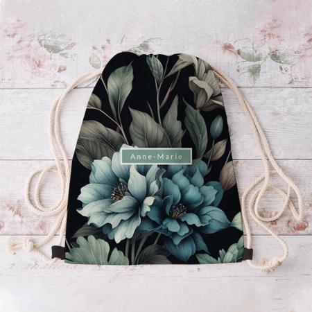 Floral Modern Black Blue Girly Elegant Stylish Customized Full Print Canvas Drawstring Bag for Men & Women