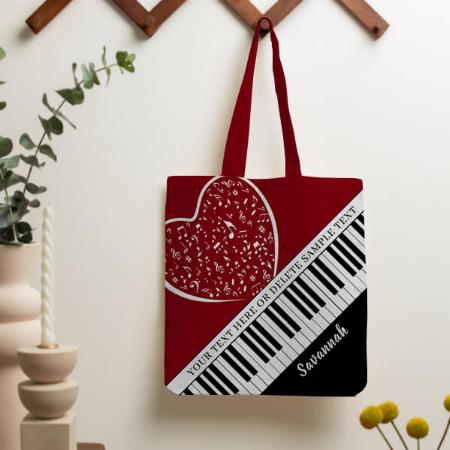 Piano Music Love Heart Name Black Red Customized Full Print Tote Bag for Women & Men