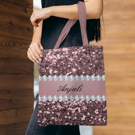 Trendy Rose Gold Faux Glitter and Diamonds Customized Full Print Tote Bag for Women & Men