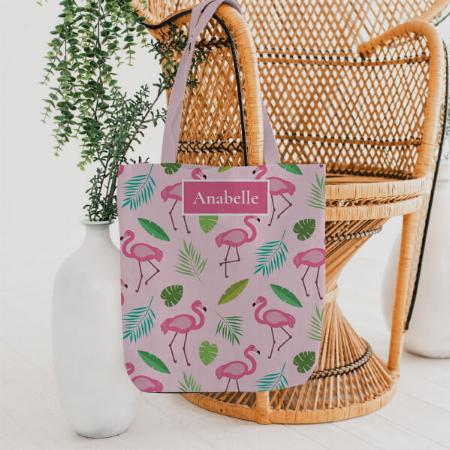 Pink Flamingo and Tropical Leaves Monogram Customized Full Print Tote Bag for Women & Men