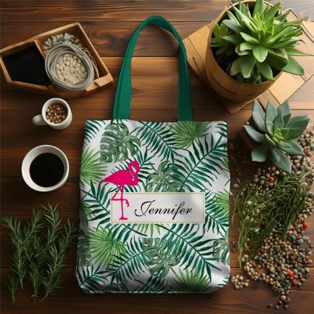 Tropical Leaves Pattern and Pink Flamingo Customized Full Print Tote Bag for Women & Men