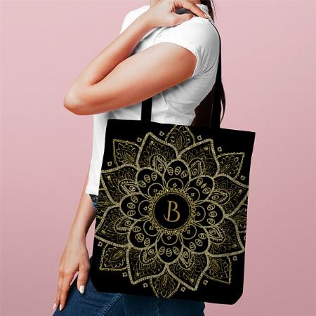 Elegant Gold Glitter Floral Mandala On Black Customized Full Print Tote Bag for Women & Men