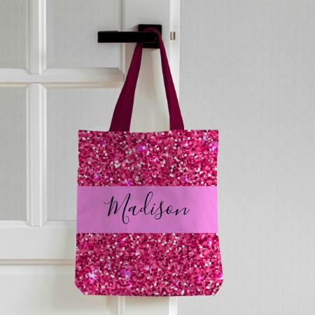 Glam Girly Hot Pink Glitter Sparkles Name Monogram Customized Full Print Tote Bag for Women & Men