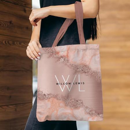 Rose Gold Blush Pink Agate Geode Glitter Monogram Customized Full Print Tote Bag for Women & Men