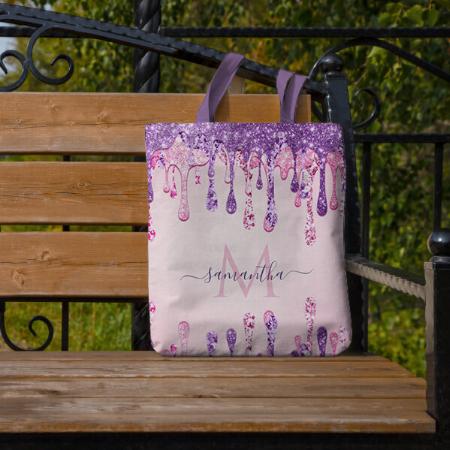 Double Glitter Pink & Purple Sparkle Drip Monogram Customized Full Print Tote Bag for Women & Men