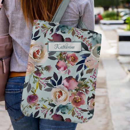 Classic Name Dusty Green Blue Pink Floral Customized Full Print Tote Bag for Women & Men