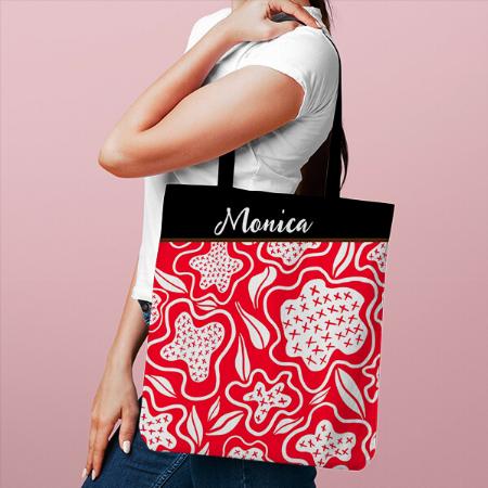 Cross Stitch Look Red White Floral Design Customized Full Print Tote Bag for Women & Men