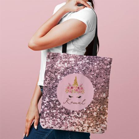 Pink Unicorn Floral Glitter Monogram Customized Full Print Tote Bag for Women & Men