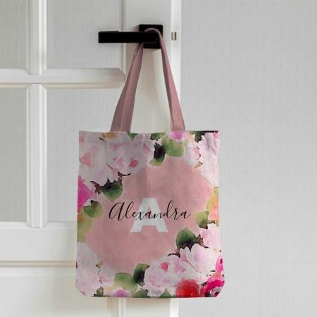 Beautiful Artistic Watercolor Pink Roses With Name Customized Full Print Tote Bag for Women & Men