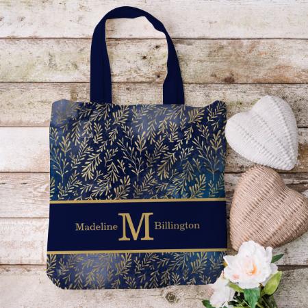 Elegant Navy Blue Gold Leaves Customized Full Print Tote Bag for Women & Men