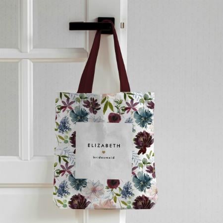 Burgundy Navy Floral Pattern Customized Full Print Tote Bag for Women & Men