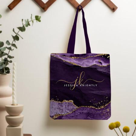 Modern Purple Agate Gold Glitter Script Monogram Customized Full Print Tote Bag for Women & Men