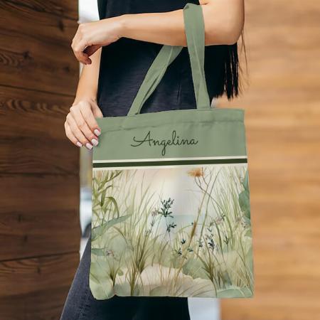 Sage Beach Dunes Grasses and Flowers Monogram Customized Full Print Tote Bag for Women & Men