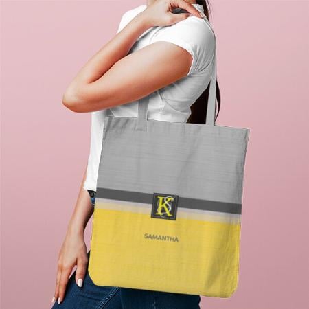 Simple Two Tone Yellow and Grey Initials Monogram Customized Full Print Tote Bag for Women & Men