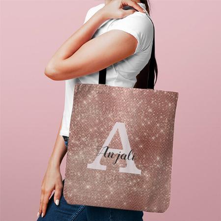 Girly Rose Gold Glitter Sparkle Glam Monogram Customized Full Print Tote Bag for Women & Men
