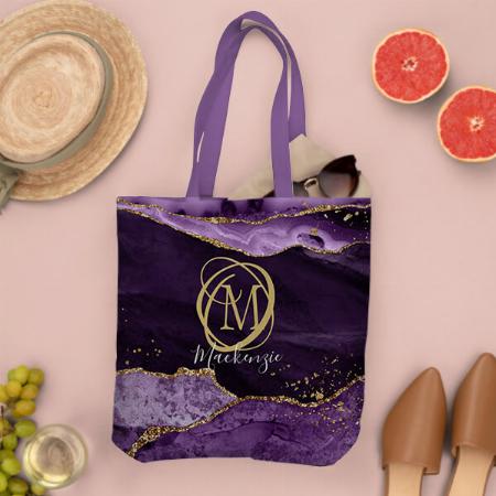 Stylish Monogram Purple Agate Gold Glitter Customized Full Print Tote Bag for Women & Men