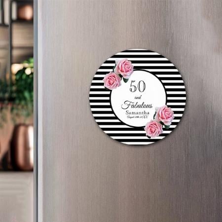50th Birthday Chic Pink Roses Black White Stripes Customized Printed Photo Fridge Magnet