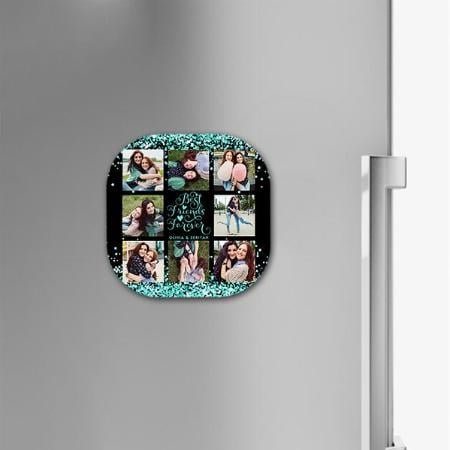 Black Teal Glitter Glam Best Friends Photo Collage Customized Printed Photo Fridge Magnet