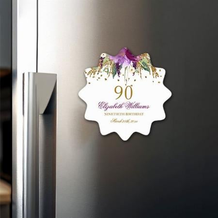 Floral Glitter Sparkling Amethyst 90th Birthday Customized Printed Photo Fridge Magnet