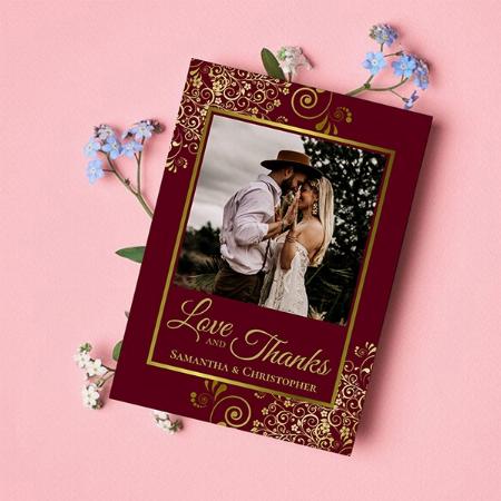 Elegant Burgundy & Gold Chic Love & Thanks Wedding Customized Printed Greeting Card