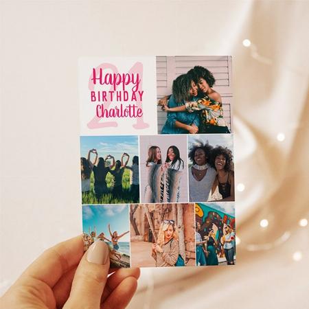 Cool Bright Pink Photos Collage Grid Birthday Customized Printed Greeting Card