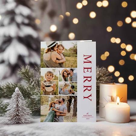 Modern Elegant Red Five Photo Collage Christmas Customized Printed Greeting Card