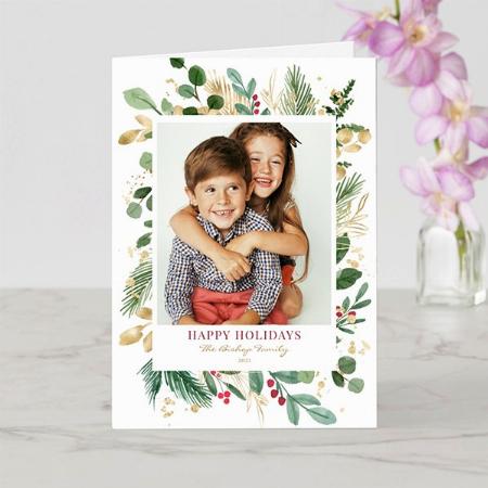 Watercolor Gold Foil Greenery and Photo Customized Printed Greeting Card