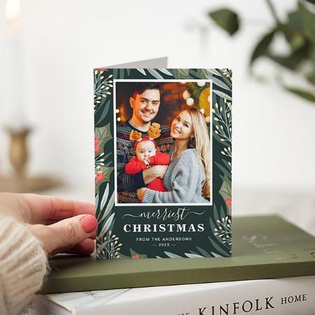 Winter Greenery Mistletoe Merriest Christmas Photo Customized Printed Greeting Card